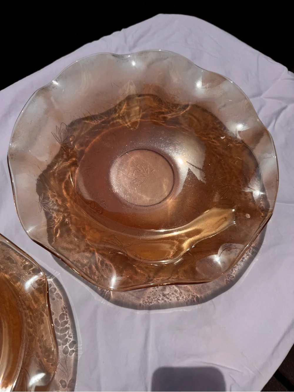 Vintage Jeanette Floragold Glass Floral Scalloped Bowls - Set of 2